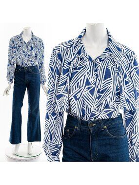 Blue and White Stamp Print Button Up 70s